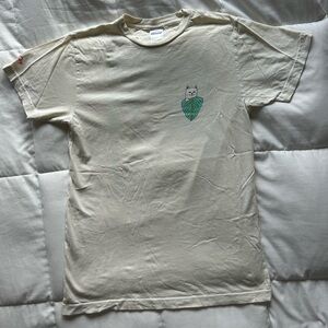 Ripndip Cream Tee with Green Leaf Cat Chest Graphic Unisex Medium